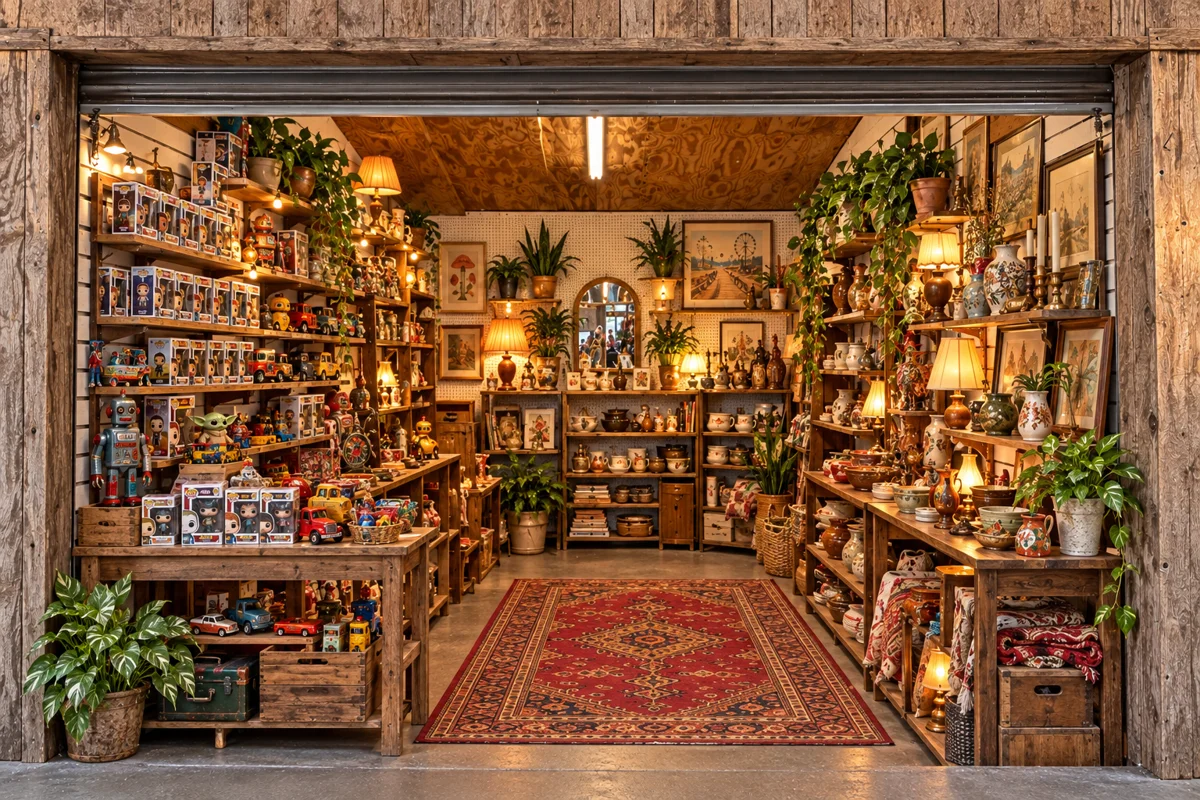 A concept for a warm shop space with collectibles, vintage home pieces, and an open center walkway.