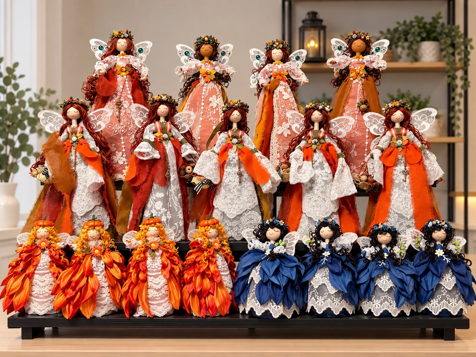 Willow fairies arranged in three rows, with lace wings, floral crowns, and flowing orange, ivory and deep blue dresses.