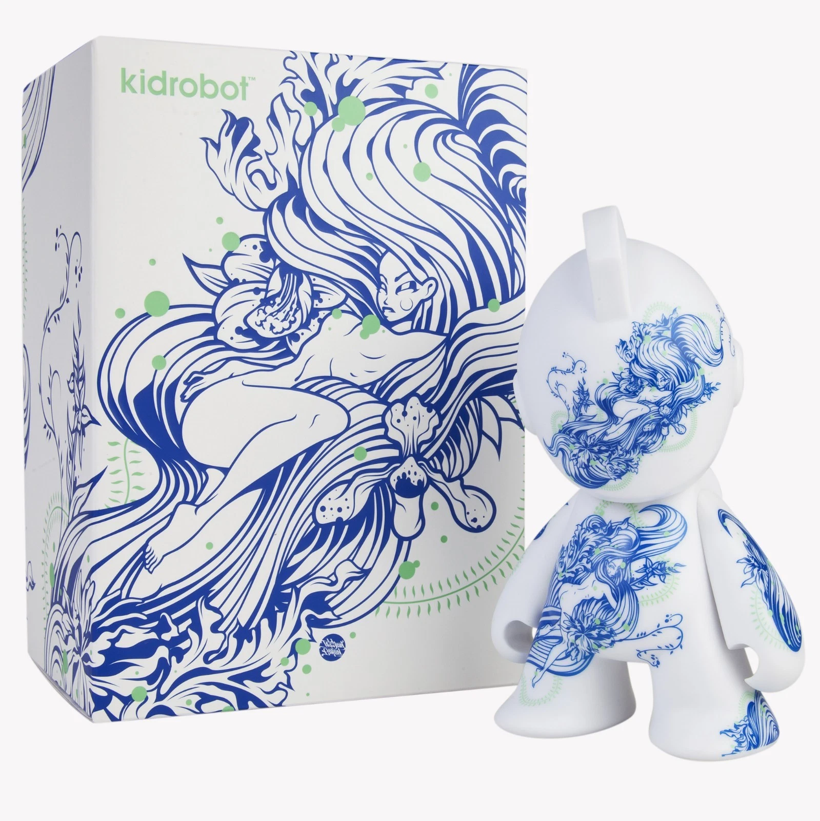 Floral Pleasure Bot by Tristan Eaton with illustrated Kidrobot packaging