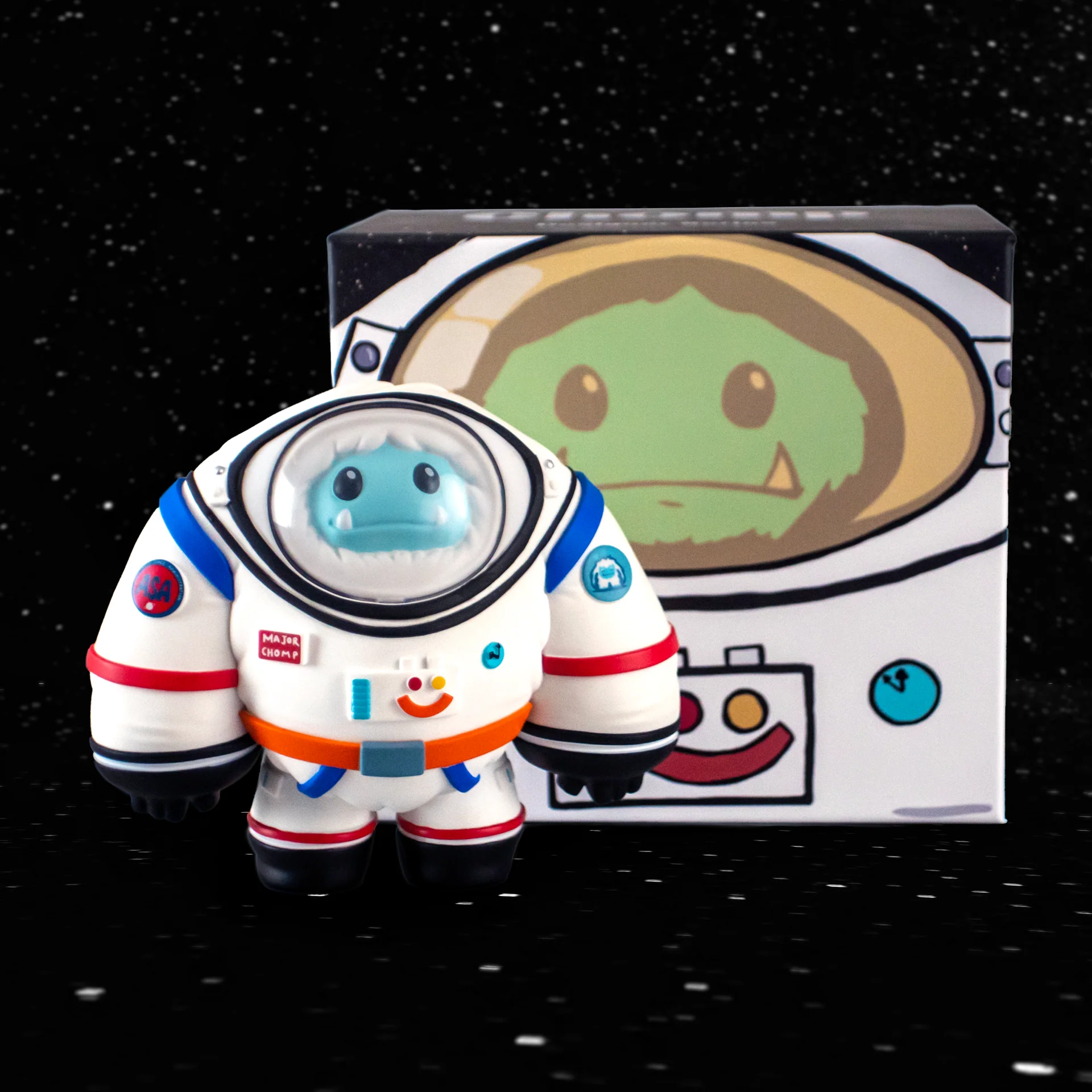 Astronaut Chomp by Anna Bernal, front view with its illustrated box