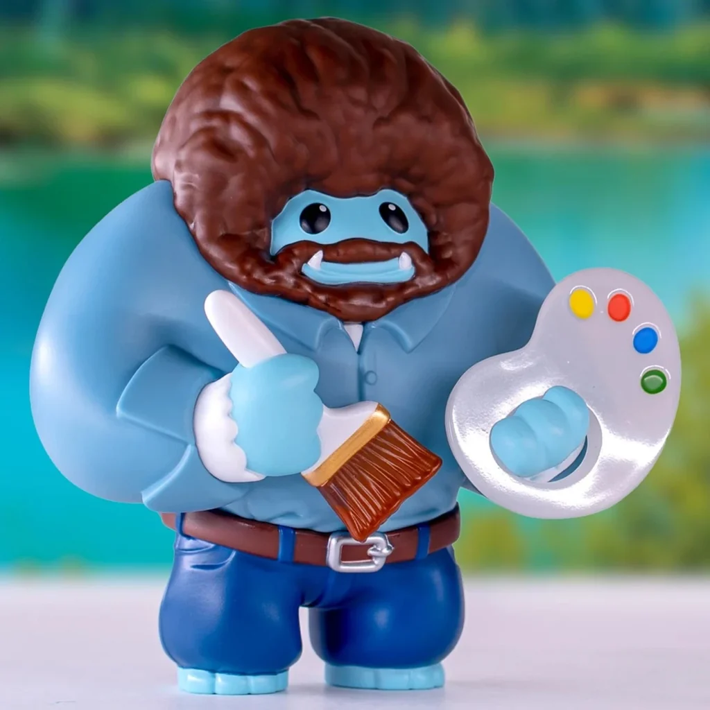 Bob Ross Chomp by Abominable Toys, front view with paintbrush and palette