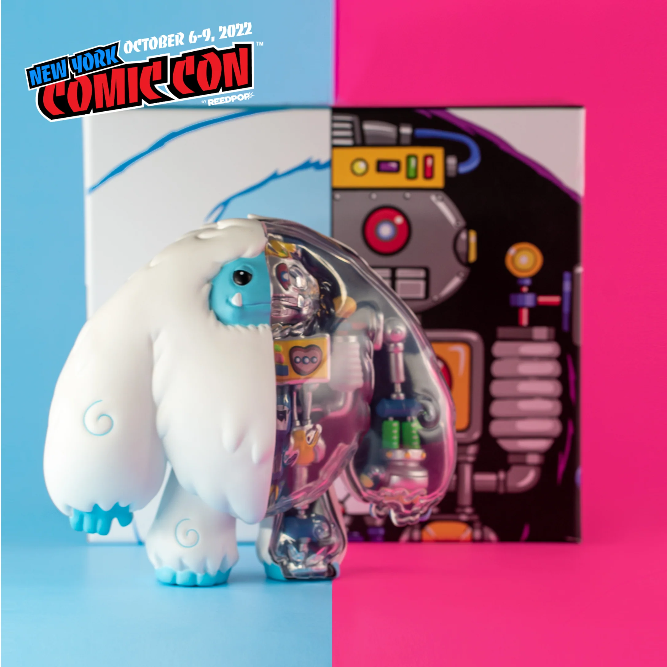 Robot Chomp NYCC by Abominable Toys, front view with clear robot half and illustrated box