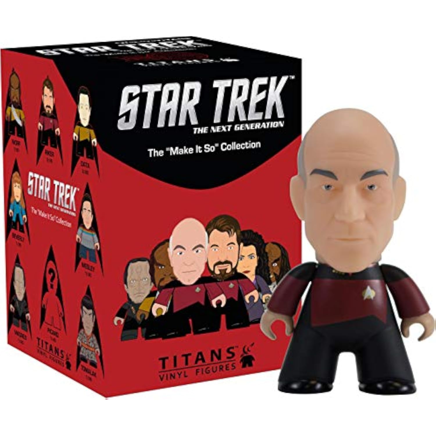 Star Trek The Next Generation Make It So blind box packaging shown with an example Picard figure